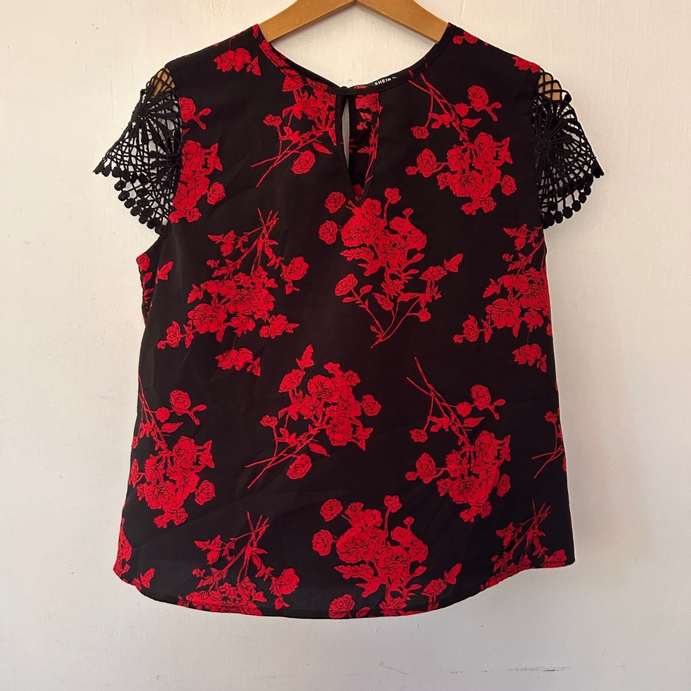 SHEIN Blouse Womens Large Black Red Floral Dark Romantic Japanese Whimsigoth